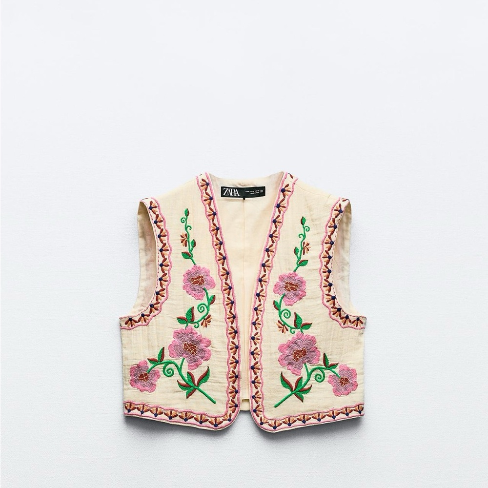 Zara Cream Vest with Pink and Green Embroidery